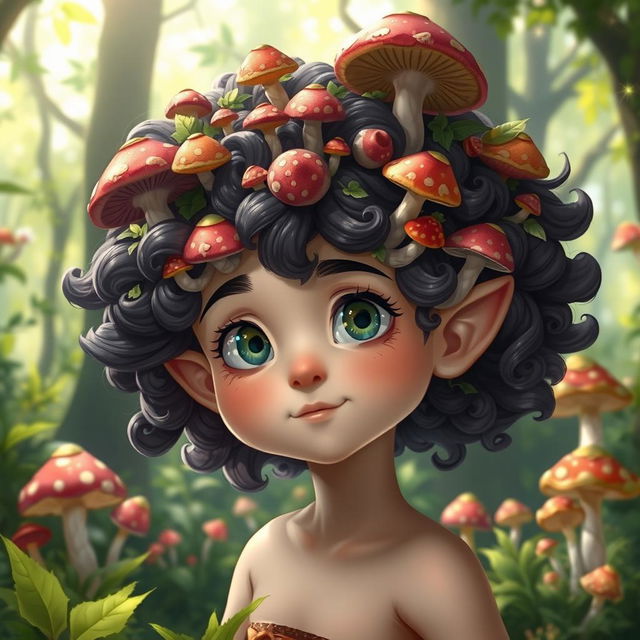 A young male halfling with a pale skin tone, featuring voluminous curly hair adorned with various vibrant mushrooms growing throughout