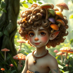 A young male halfling with a pale skin tone, featuring voluminous curly hair adorned with various vibrant mushrooms growing throughout