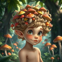 A young male halfling with a pale skin tone, featuring voluminous curly hair adorned with various vibrant mushrooms growing throughout