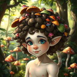 A young male halfling with a pale skin tone, featuring voluminous curly hair adorned with various vibrant mushrooms growing throughout