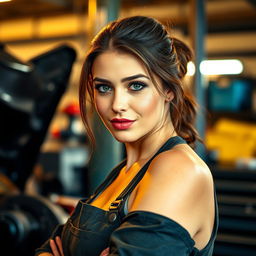 A realistic photo of a beautiful woman in her 30s working in an auto repair shop