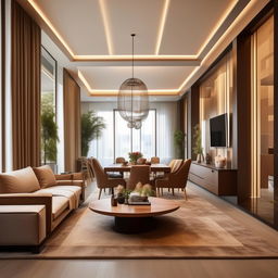 Design a 7.50m x 4.00m residential living room reception area, decorated in a modern style with inviting, warm and cozy furniture, inclusive of an impressive dining table.