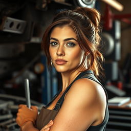 A realistic photo of a beautiful woman in her 30s working in an auto repair shop