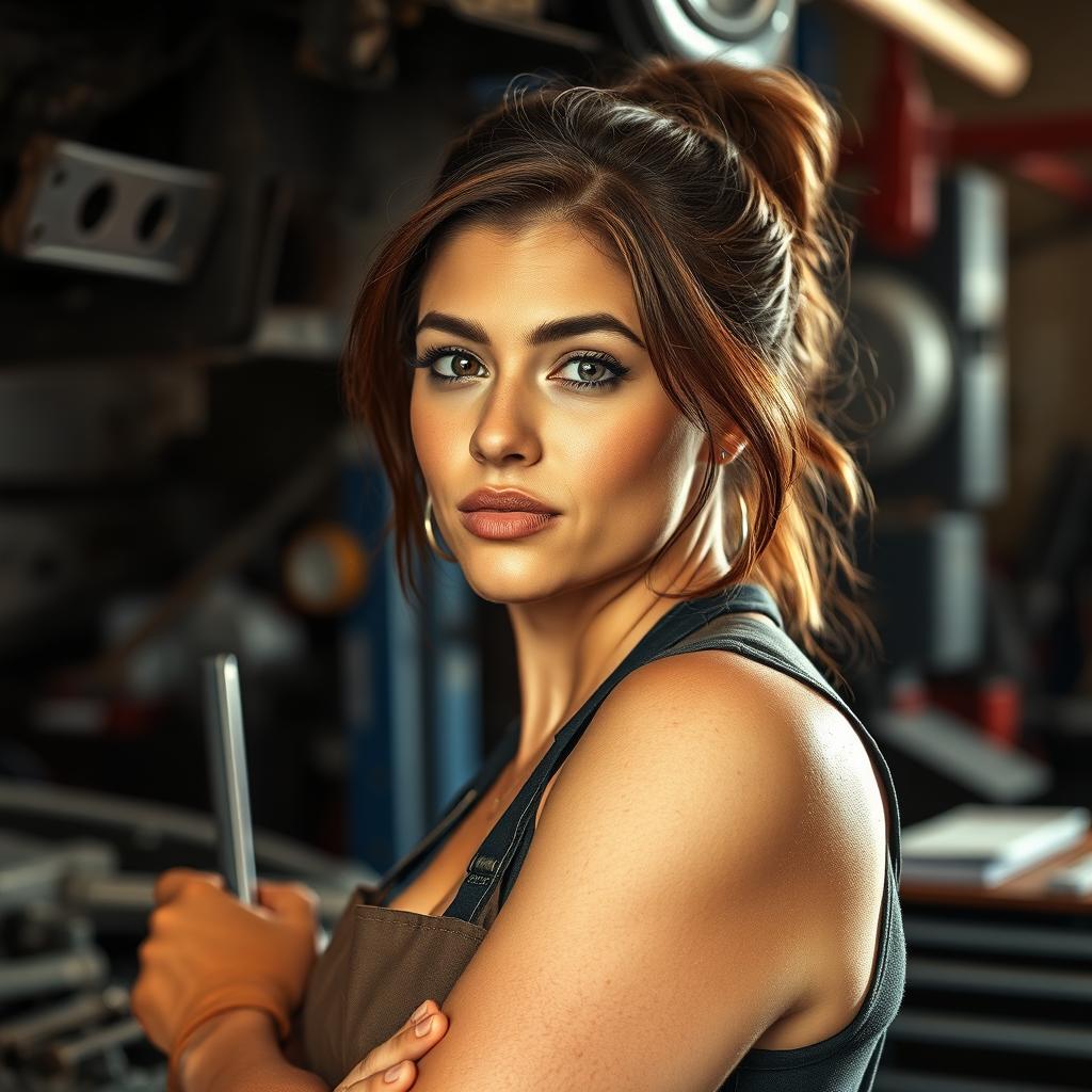 A realistic photo of a beautiful woman in her 30s working in an auto repair shop