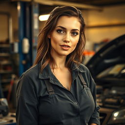 A realistic photo of a beautiful woman in her 30s working in an auto repair shop