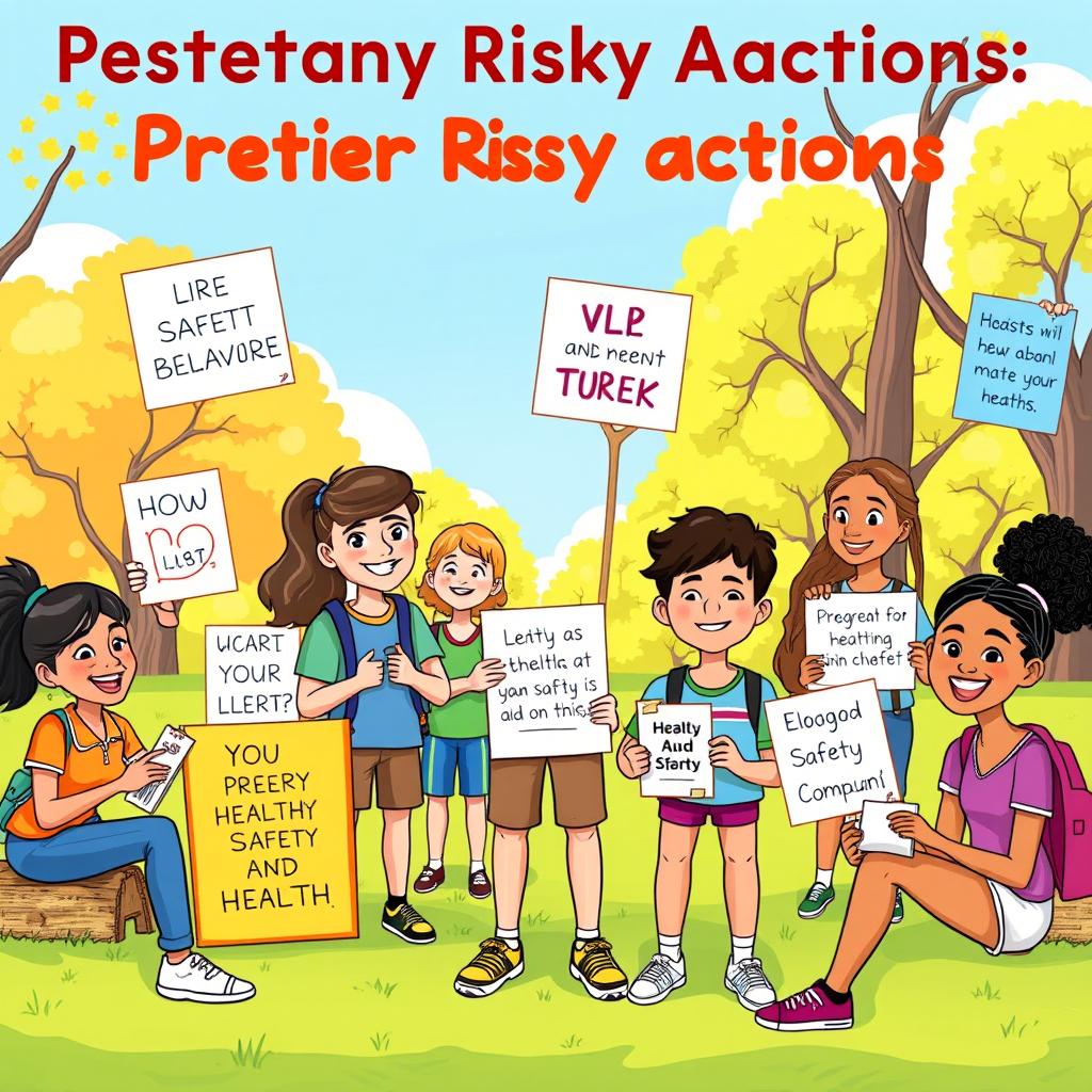 A colorful and engaging illustration depicting different characters actively engaging in positive behaviors to prevent risky actions