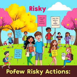 A colorful and engaging illustration depicting different characters actively engaging in positive behaviors to prevent risky actions