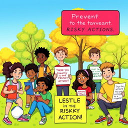 A colorful and engaging illustration depicting different characters actively engaging in positive behaviors to prevent risky actions