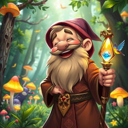 A light-hearted and cheerful dwarf priest, slightly chubby, with a thick, bushy beard and a warm smile, wearing ornate robes decorated with mystical symbols