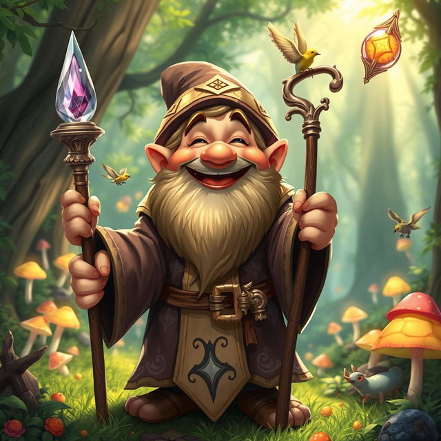 A light-hearted and cheerful dwarf priest, slightly chubby, with a thick, bushy beard and a warm smile, wearing ornate robes decorated with mystical symbols