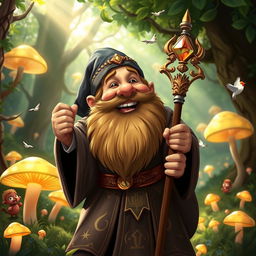 A light-hearted and cheerful dwarf priest, slightly chubby, with a thick, bushy beard and a warm smile, wearing ornate robes decorated with mystical symbols