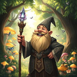 A light-hearted and cheerful dwarf priest, slightly chubby, with a thick, bushy beard and a warm smile, wearing ornate robes decorated with mystical symbols