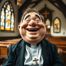 A joyful dwarf pastor with a round, jovial face, laughing heartily