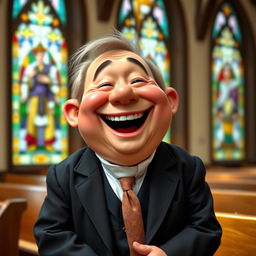 A joyful dwarf pastor with a round, jovial face, laughing heartily