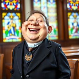 A joyful dwarf pastor with a round, jovial face, laughing heartily