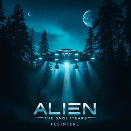 A dramatic, cinematic movie poster design featuring an alien spaceship landing in a dense forest at dusk