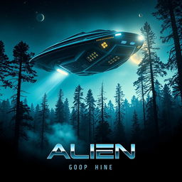A dramatic, cinematic movie poster design featuring an alien spaceship landing in a dense forest at dusk