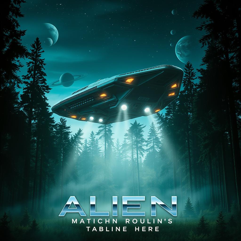 A dramatic, cinematic movie poster design featuring an alien spaceship landing in a dense forest at dusk
