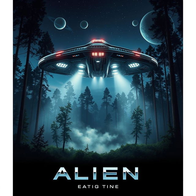 A dramatic, cinematic movie poster design featuring an alien spaceship landing in a dense forest at dusk