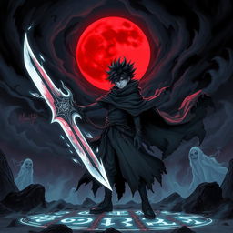 A dark fantasy illustration featuring a character reminiscent of a shinigami with a powerful presence, wielding a large, ethereal sword