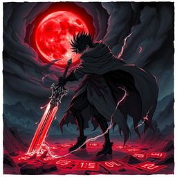 A dark fantasy illustration featuring a character reminiscent of a shinigami with a powerful presence, wielding a large, ethereal sword