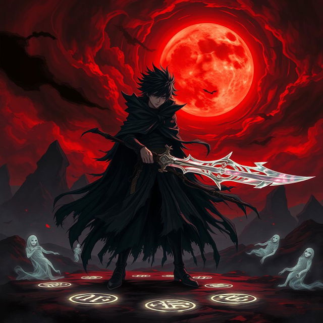 A dark fantasy illustration featuring a character reminiscent of a shinigami with a powerful presence, wielding a large, ethereal sword