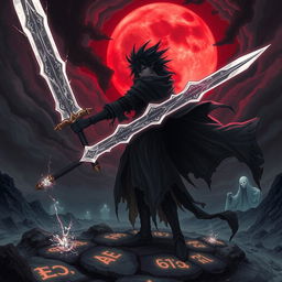A dark fantasy illustration featuring a character reminiscent of a shinigami with a powerful presence, wielding a large, ethereal sword