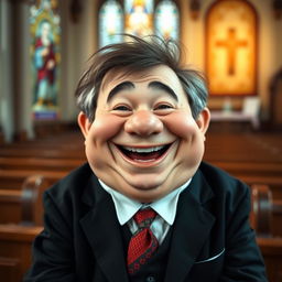 A cheerful dwarf pastor looking directly at the camera with a big, hearty laugh