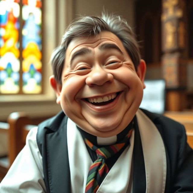 A cheerful dwarf pastor looking directly at the camera with a big, hearty laugh