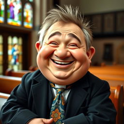 A cheerful dwarf pastor looking directly at the camera with a big, hearty laugh