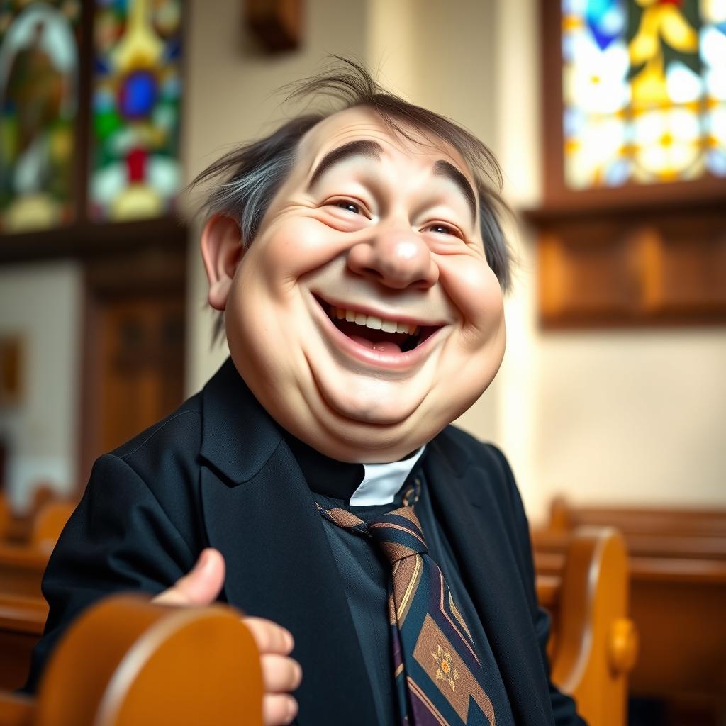 A cheerful dwarf pastor looking directly at the camera with a big, hearty laugh