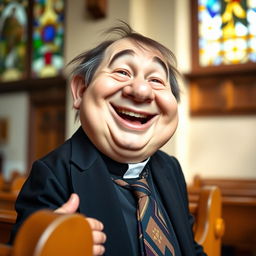 A cheerful dwarf pastor looking directly at the camera with a big, hearty laugh