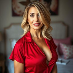 A stunning 50-year-old woman with an attractive and playful expression, dressed in a sexy red pajama that accentuates her bust and showcases her cleavage