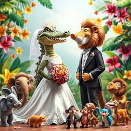 A whimsical and imaginative wedding scene featuring a female crocodile dressed in an elegant wedding gown, complete with lace details and a veil, standing next to a dashing male lion in a tuxedo