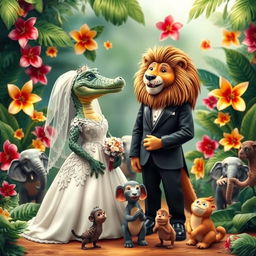 A whimsical and imaginative wedding scene featuring a female crocodile dressed in an elegant wedding gown, complete with lace details and a veil, standing next to a dashing male lion in a tuxedo