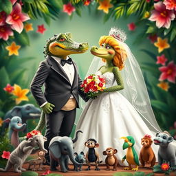 A whimsical and imaginative wedding scene featuring a female crocodile dressed in an elegant wedding gown, complete with lace details and a veil, standing next to a dashing male lion in a tuxedo