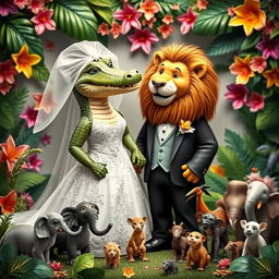 A whimsical and imaginative wedding scene featuring a female crocodile dressed in an elegant wedding gown, complete with lace details and a veil, standing next to a dashing male lion in a tuxedo