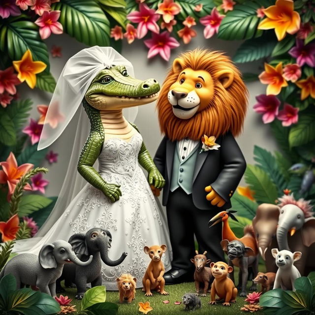 A whimsical and imaginative wedding scene featuring a female crocodile dressed in an elegant wedding gown, complete with lace details and a veil, standing next to a dashing male lion in a tuxedo