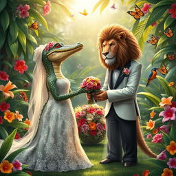 A whimsical wedding scene featuring a female crocodile in a beautiful, elaborate wedding dress, complete with lace and floral accents, standing next to a handsome male lion dressed in a stylish tuxedo