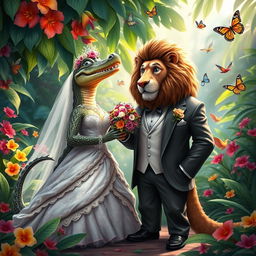 A whimsical wedding scene featuring a female crocodile in a beautiful, elaborate wedding dress, complete with lace and floral accents, standing next to a handsome male lion dressed in a stylish tuxedo