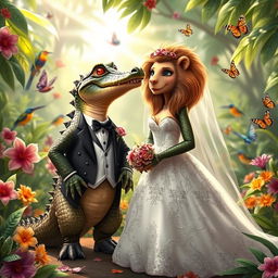 A whimsical wedding scene featuring a female crocodile in a beautiful, elaborate wedding dress, complete with lace and floral accents, standing next to a handsome male lion dressed in a stylish tuxedo