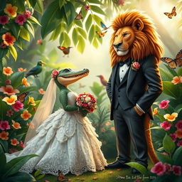 A whimsical wedding scene featuring a female crocodile in a beautiful, elaborate wedding dress, complete with lace and floral accents, standing next to a handsome male lion dressed in a stylish tuxedo