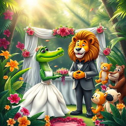 A whimsical wedding scene featuring a female crocodile in a beautiful wedding dress and a male lion in a dapper tuxedo