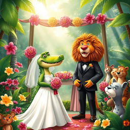 A whimsical wedding scene featuring a female crocodile in a beautiful wedding dress and a male lion in a dapper tuxedo
