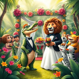 A whimsical wedding scene featuring a female crocodile in a beautiful wedding dress and a male lion in a dapper tuxedo