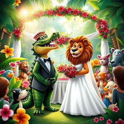 A whimsical wedding scene featuring a female crocodile in a beautiful wedding dress and a male lion in a dapper tuxedo