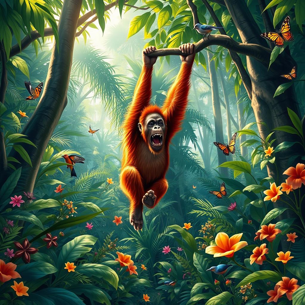 A vibrant and expressive scene featuring a wild orangutan in a lush tropical rainforest