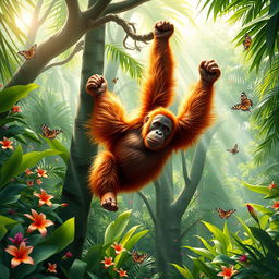 A vibrant and expressive scene featuring a wild orangutan in a lush tropical rainforest