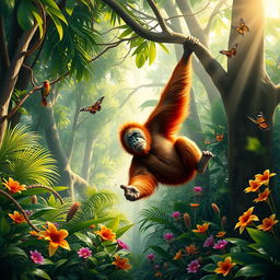 A vibrant and expressive scene featuring a wild orangutan in a lush tropical rainforest