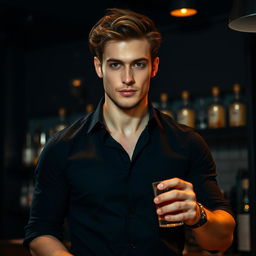 A tall man approximately 185 cm with a muscular build and confident posture, with a handsome face featuring a strong jawline and fair skin